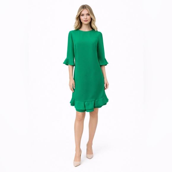 CeCe Dresses & Skirts - CeCe Elegant Emerald Green Ruffle Hem Shift Dress Size 0
